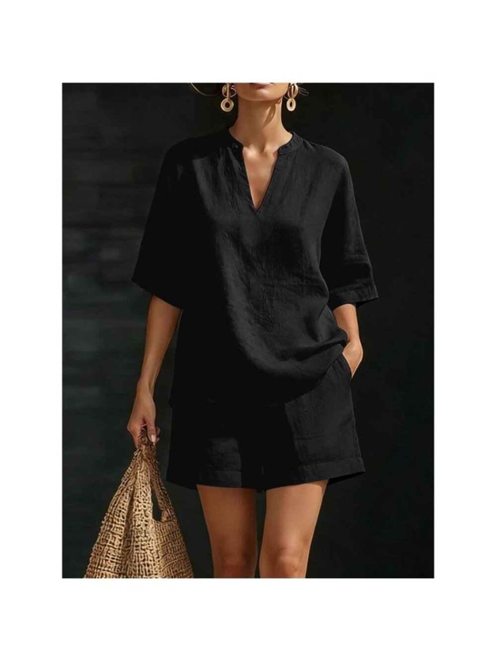 Full Size Notched Half Sleeve Top and Shorts Set Plus Size